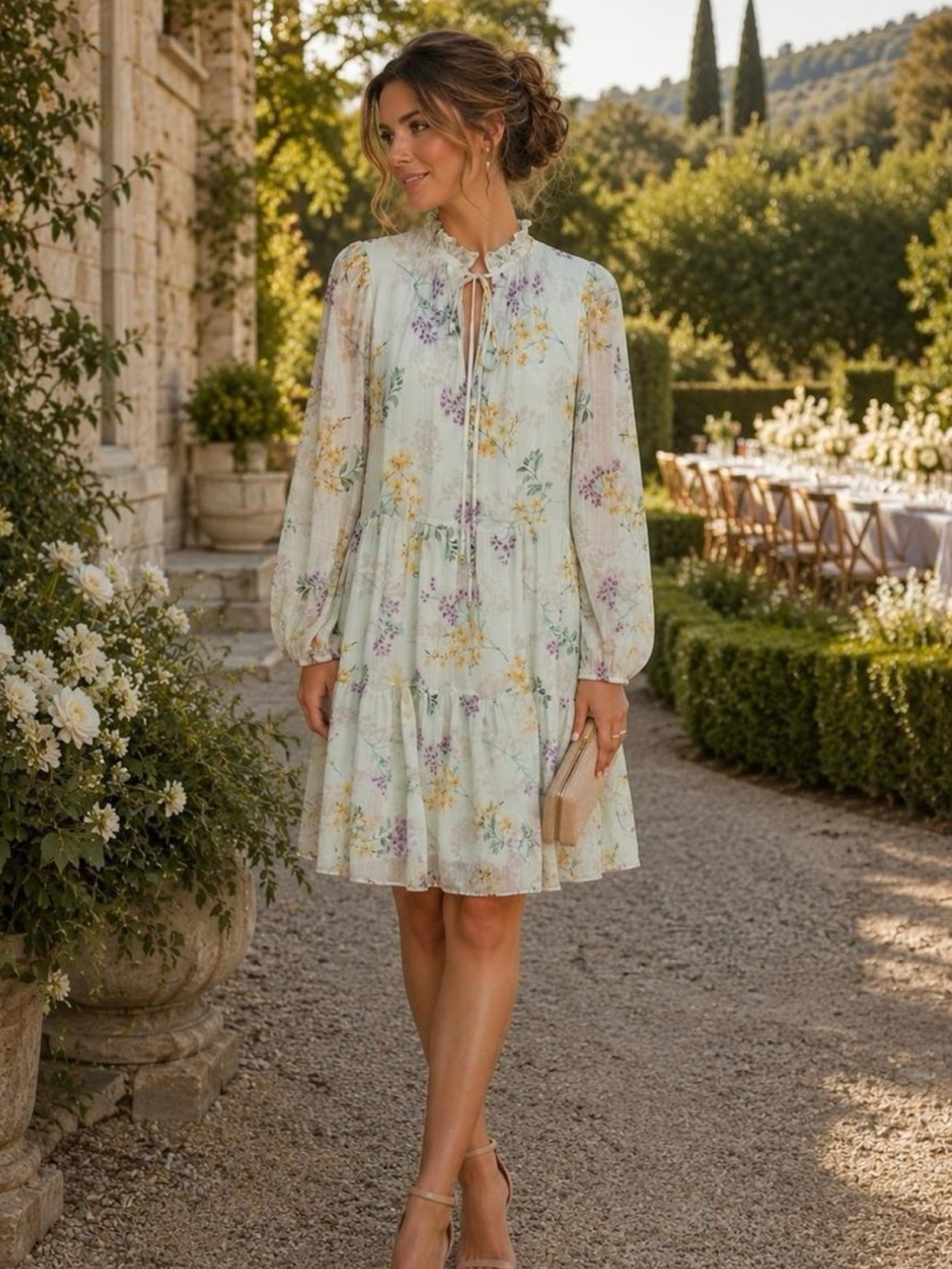 Taylor Pastel Floral Long-Sleeve Tiered Mini Dress - Mint, Yellow, Lavender